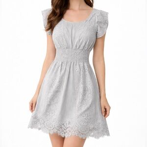 Vintage Lace Mini Dress Smocked Flutter Sleeve Romantic Coquette Cottagecore Y2K